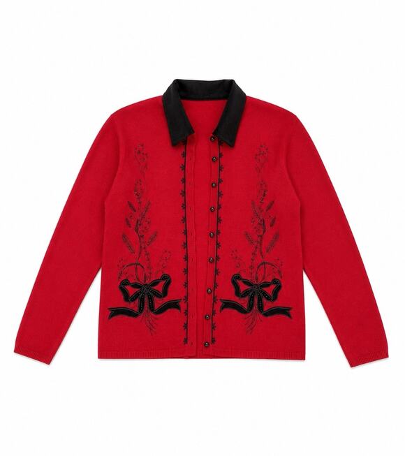 Black Sweaters - Women’s Large Red Black Embroidered Button Front Cardigan Sweater Bow Floral